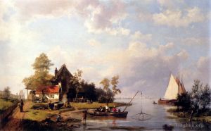 Hermanus Koekkoek Snr Werk - Eine Flusslandschaft mit einer Fähre und Figuren, die ein Boot reparieren