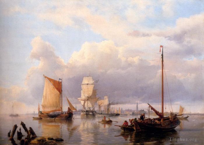 Hermanus Koekkoek Snr Ölgemälde - Schifffahrt auf der Schelde mit Antwerpen im Hintergrund