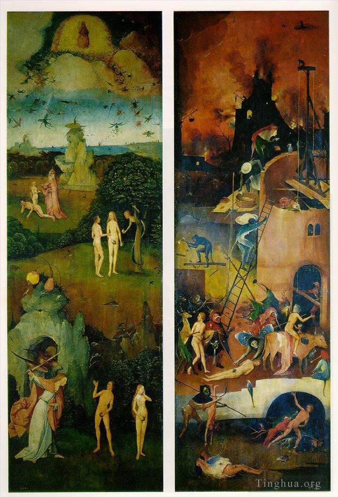 Hieronymus Bosch Ölgemälde - Paradies und Hölle, linke und rechte Tafel einer Triptychon-Moral