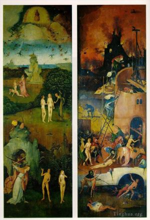 Hieronymus Bosch Werk - Paradies und Hölle, linke und rechte Tafel einer Triptychon-Moral