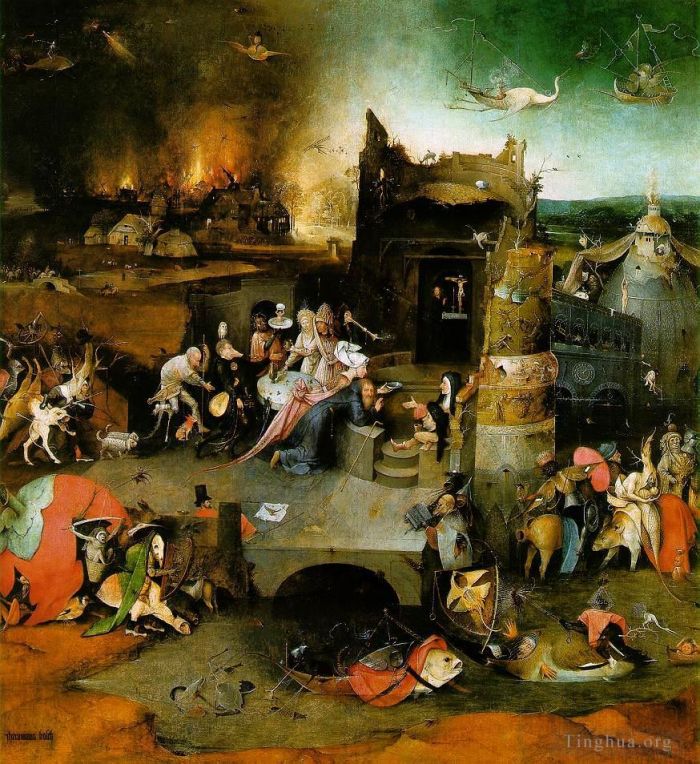 Hieronymus Bosch Ölgemälde - Versuchung des heiligen Antonius, Mitteltafel des Moraltriptychons