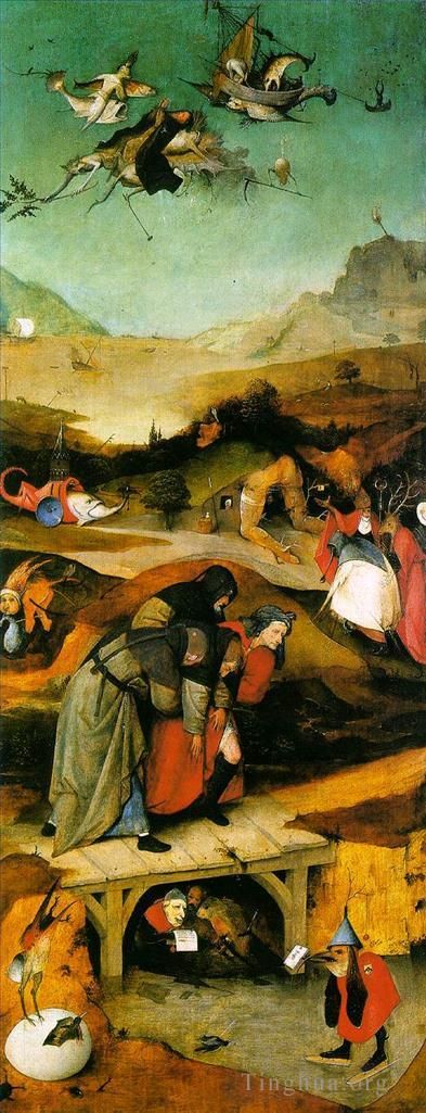 Hieronymus Bosch Ölgemälde - Versuchung des Heiligen Antonius, linker Flügel des Moraltriptychons