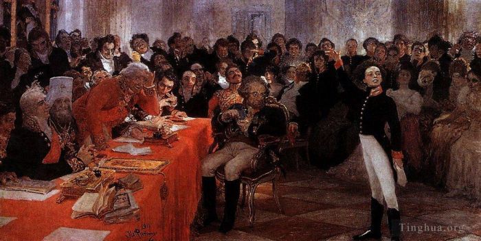 Ilya Repin Ölgemälde - Ein Puschkin auf der Bühne im Lyzeum am 181. Januar liest sein Gedicht „Erinnerungen“ in Zarskoje Selo 1911