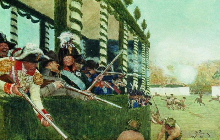 Ilya Repin Ölgemälde - Kaiser Alexander I. und Kaiser Napoleon bei der Jagd 1908