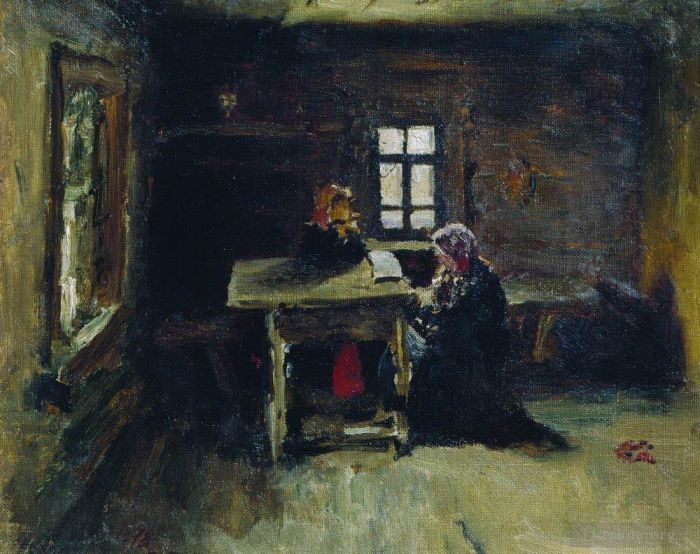 Ilya Repin Ölgemälde - In der Hütte 1878