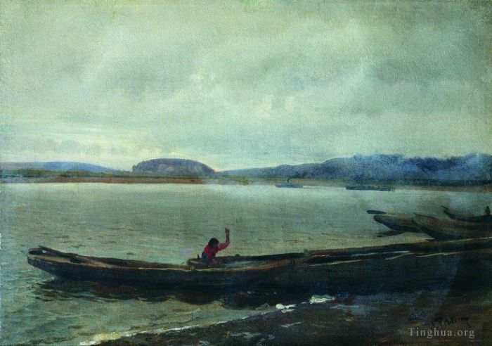Ilya Repin Ölgemälde - Landschaft der Wolga mit Booten 1870