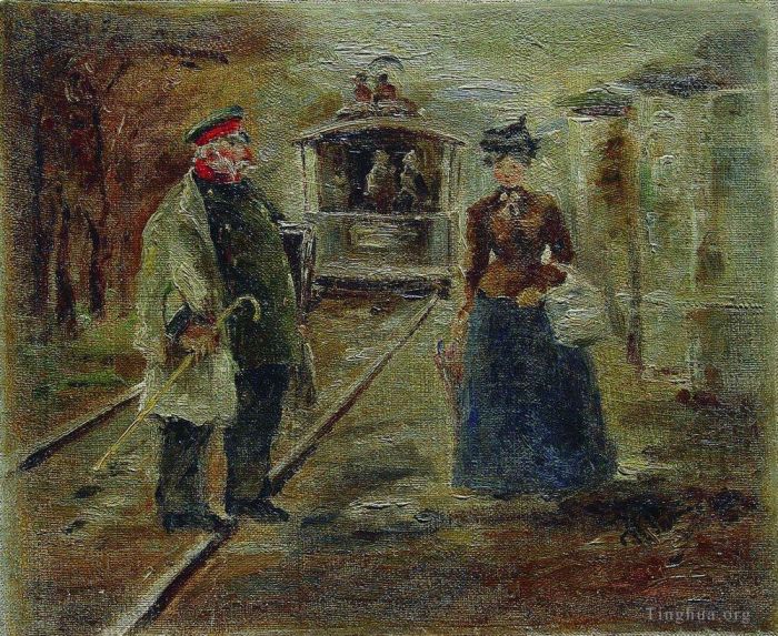 Ilya Repin Ölgemälde - Auf dem Bahnsteig des Bahnhofs Straßenszene mit einem zurückweichenden Wagen