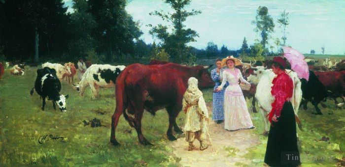 Ilya Repin Ölgemälde - Junge Damen laufen zwischen Kuhherden umher