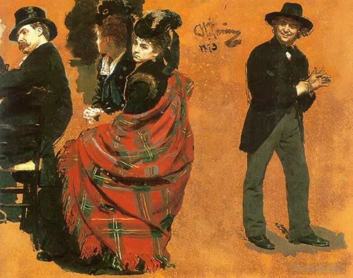 Ilya Repin Andere Malerei - Mann und Frau am Tisch, der Mann, der den Handschuh zieht, 1873