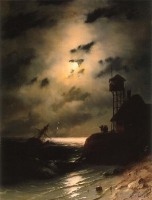 Moonlit seascape boat With Shipwreck