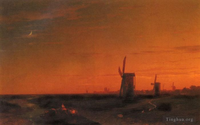 Ivan Konstantinovich Aivazovsky Ölgemälde - Landschaft mit Windmühlen