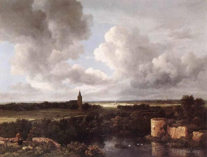 Jacob van Ruisdael Ölgemälde - Eine ausgedehnte Landschaft mit einer Burgruine und einer Dorfkirche