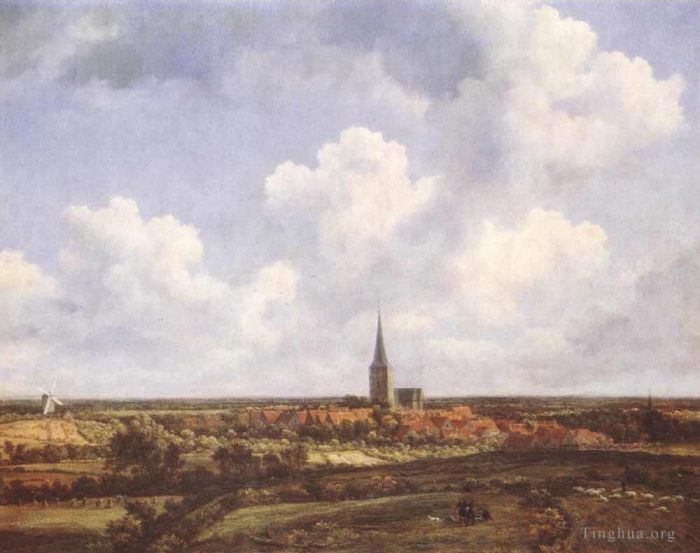 Jacob van Ruisdael Ölgemälde - Landschaft mit Kirche und Dorf
