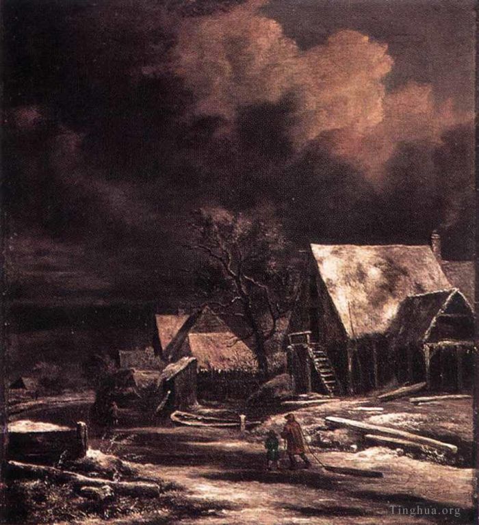 Jacob van Ruisdael Ölgemälde - Dorf im Winter bei Mondschein