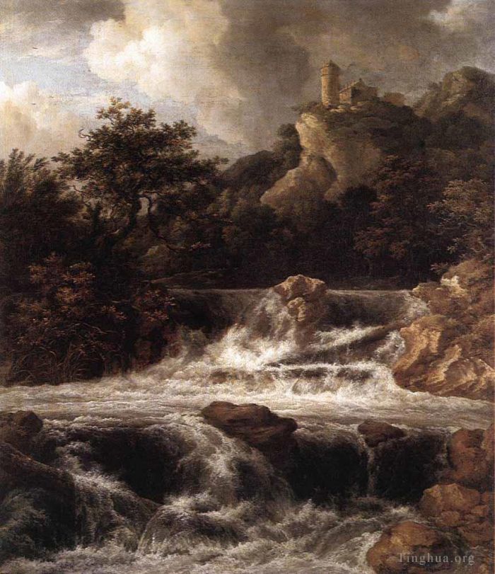 Jacob van Ruisdael Ölgemälde - Wasserfall, Mit, Burg, Gebaut, Auf, Dass, Rock