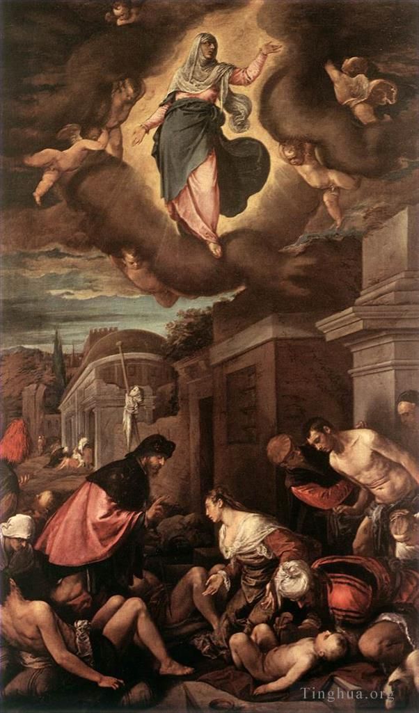 Jacopo Bassano Ölgemälde - Der heilige Rochus unter den Pestopfern und die glorreiche Madonna