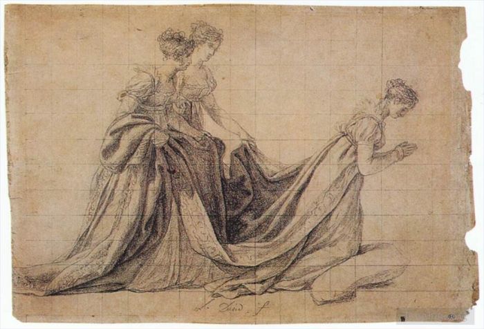 Jacques-Louis David Andere Malerei - Die Kaiserin Josephine kniet mit Mme de la Rochefoucauld und Mme de la Val