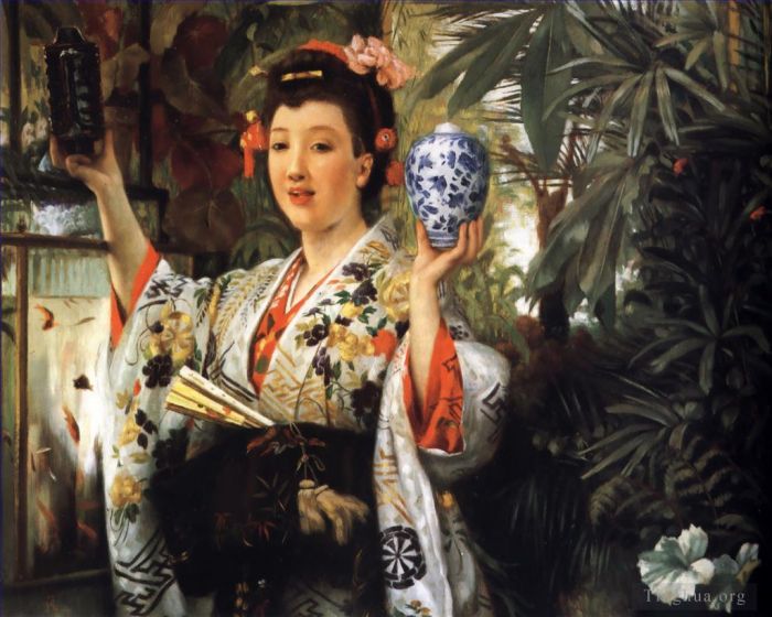 James Tissot Ölgemälde - Junge Dame hält japanische Gegenstände