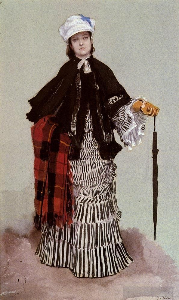 James Tissot Andere Malerei - Eine Dame in einem schwarz-weißen Kleid