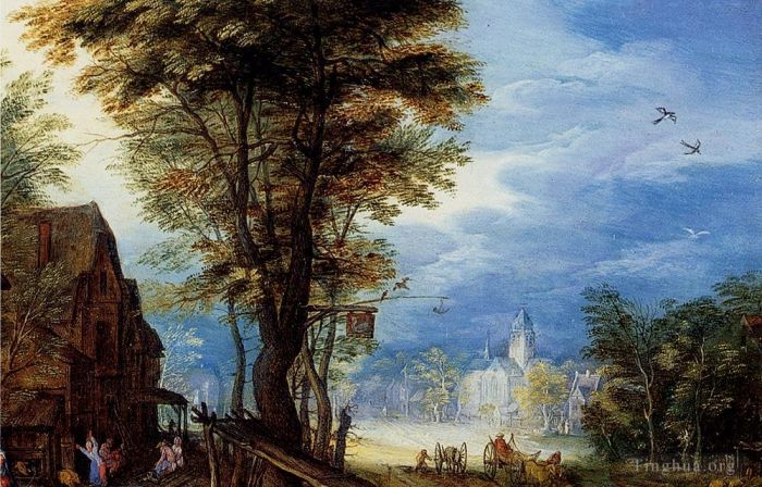 Jan Brueghel the Elder Ölgemälde - Eine Dorfstraße mit der Heiligen Familie, die in einem Gasthaus ankommt