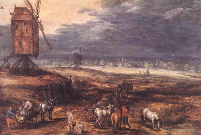 Jan Brueghel the Elder Ölgemälde - Landschaft mit Windmühlen