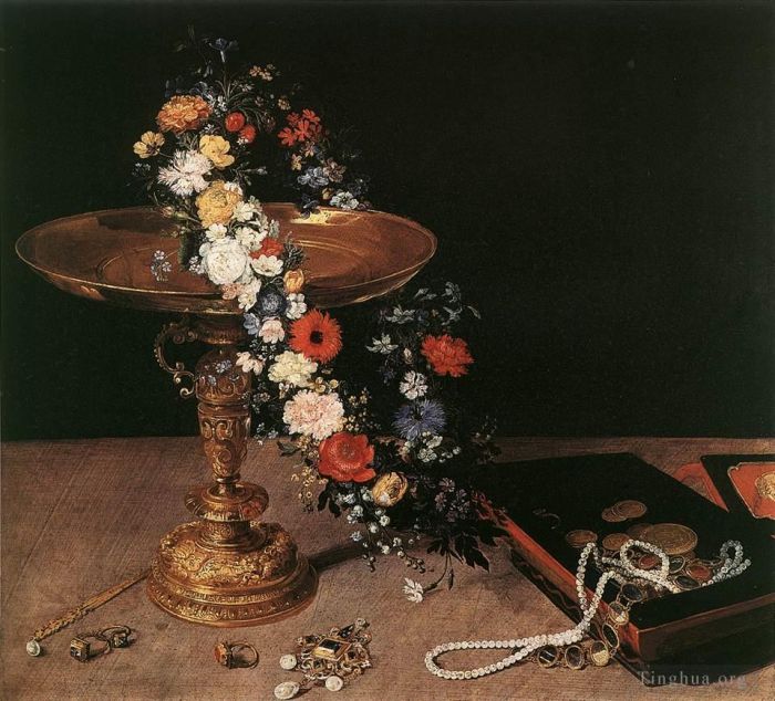 Jan Brueghel the Elder Ölgemälde - Stillleben mit Blumengirlande und goldenem Tazza