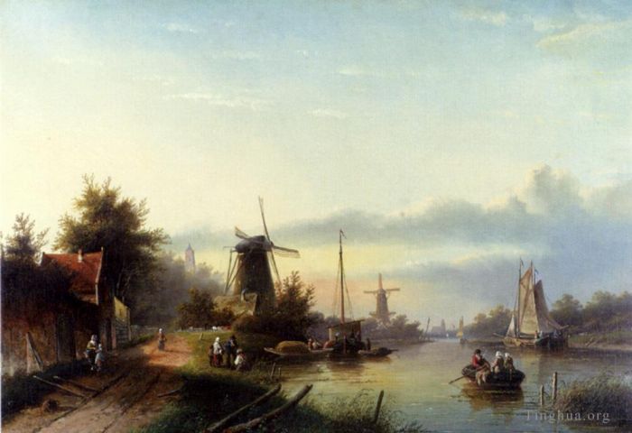 Jan Jacob Coenraad Spohler Ölgemälde - Boote auf einem holländischen Kanal