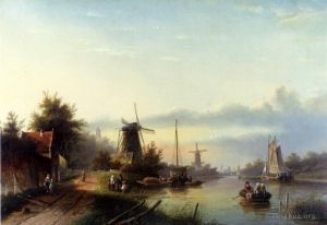 Jan Jacob Coenraad Spohler Werk - Boote auf einem holländischen Kanal