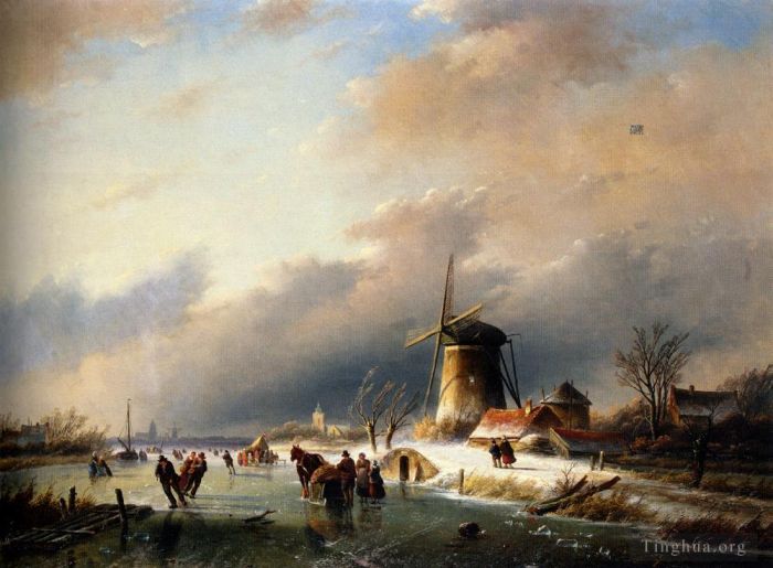 Jan Jacob Coenraad Spohler Ölgemälde - Eiskunstlauf auf einem zugefrorenen Fluss