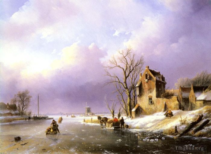 Jan Jacob Coenraad Spohler Ölgemälde - Winterlandschaft mit Figuren auf einem gefrorenen Fluss