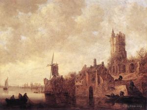 Jan Josephszoon van Goyen Werk - Flusslandschaft mit Windmühle und Burgruine