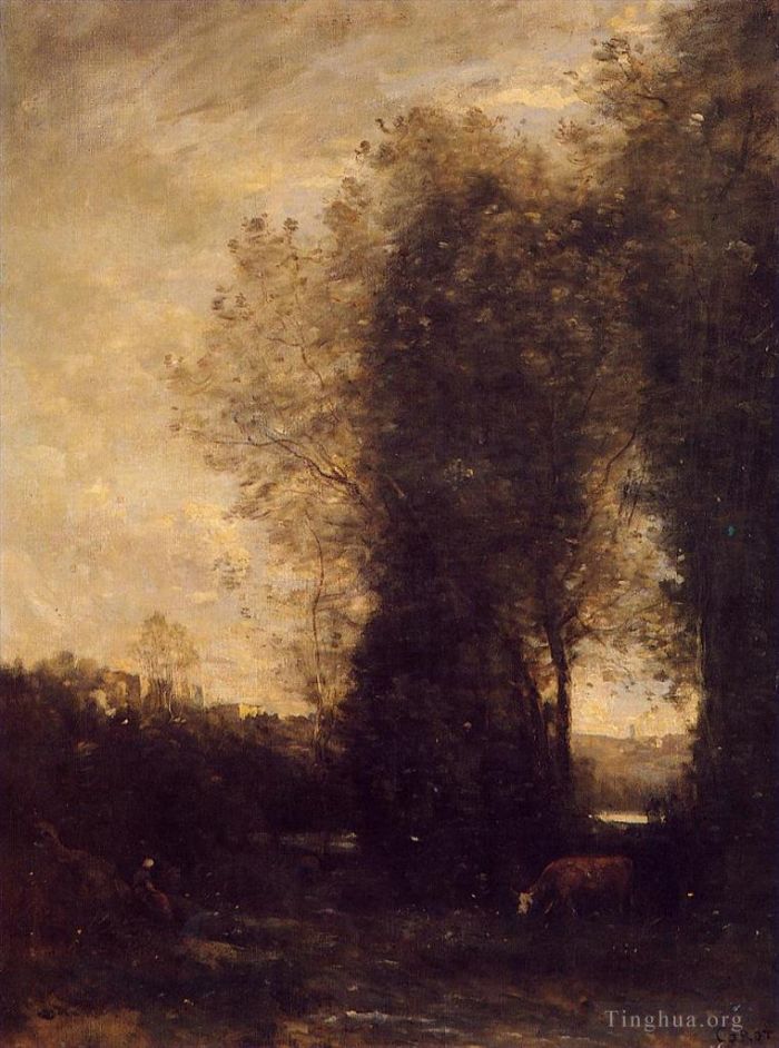 Jean-Baptiste-Camille Corot Ölgemälde - Eine Kuh und ihr Hüter