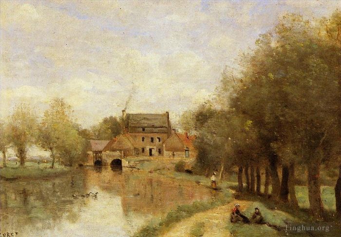 Jean-Baptiste-Camille Corot Ölgemälde - Arleux du Nord die Drocourt-Mühle am Sensee