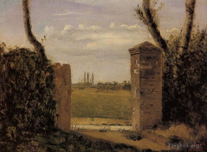 Jean-Baptiste-Camille Corot Ölgemälde - Boid Guillaumi in der Nähe von Rouen Ein von zwei Pfosten flankiertes Tor