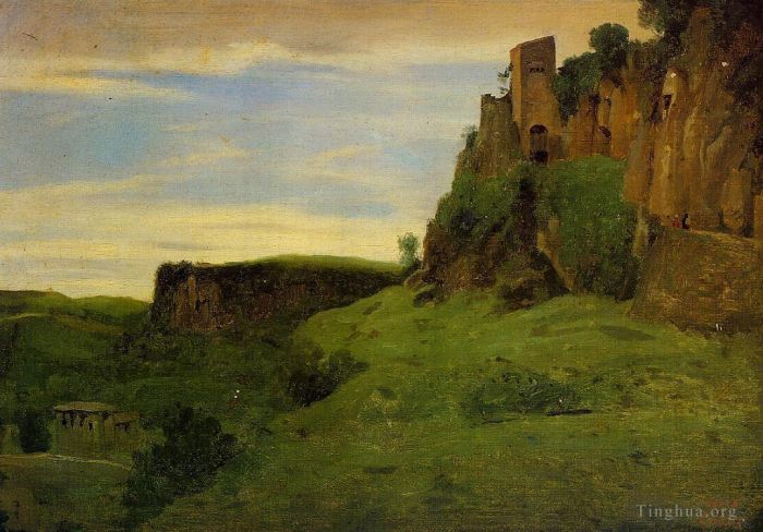 Jean-Baptiste-Camille Corot Ölgemälde - Civita Castelland-Gebäude hoch in den Felsen, auch bekannt als La Porta San Salvatore