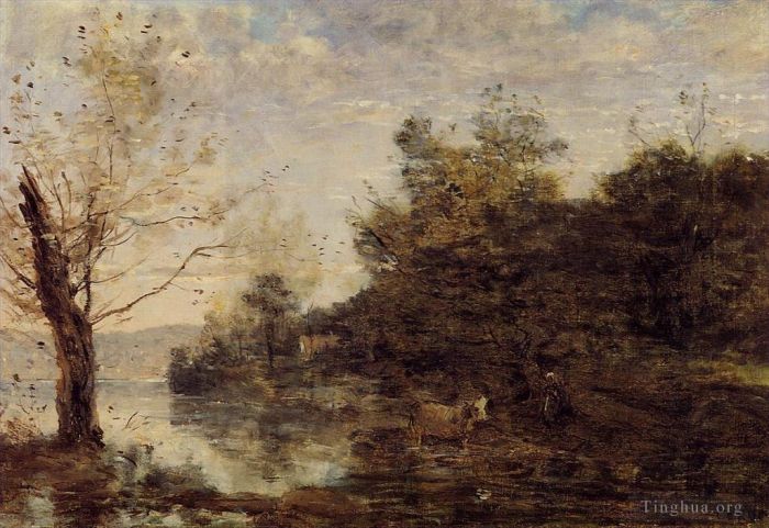Jean-Baptiste-Camille Corot Ölgemälde - Kuhhirte am Wasser