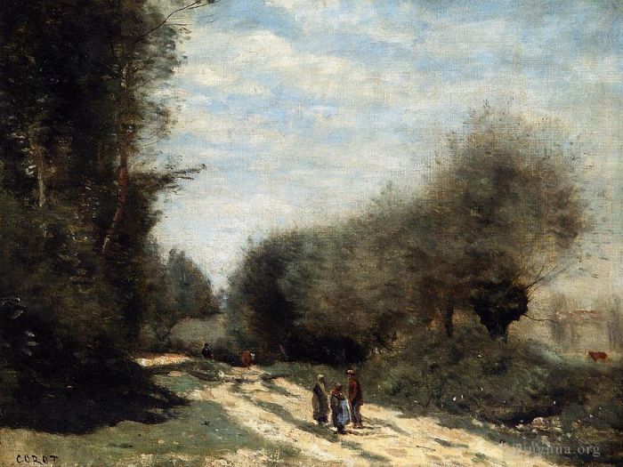 Jean-Baptiste-Camille Corot Ölgemälde - Crecy en Brie Road im Land