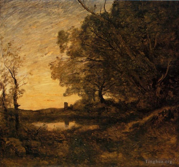 Jean-Baptiste-Camille Corot Ölgemälde - Abendlicher entfernter Turm