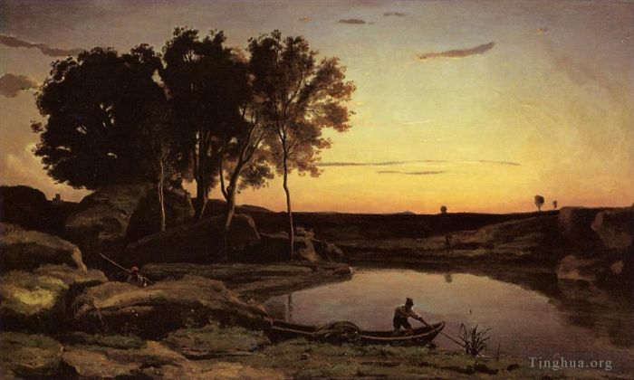 Jean-Baptiste-Camille Corot Ölgemälde - Abendlandschaft, auch bekannt als „Fährmannabend“.