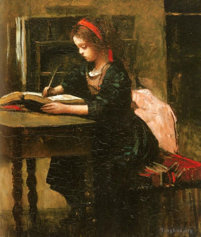 Jean-Baptiste-Camille Corot Ölgemälde - Fillete AL etude En Train D Ecrire