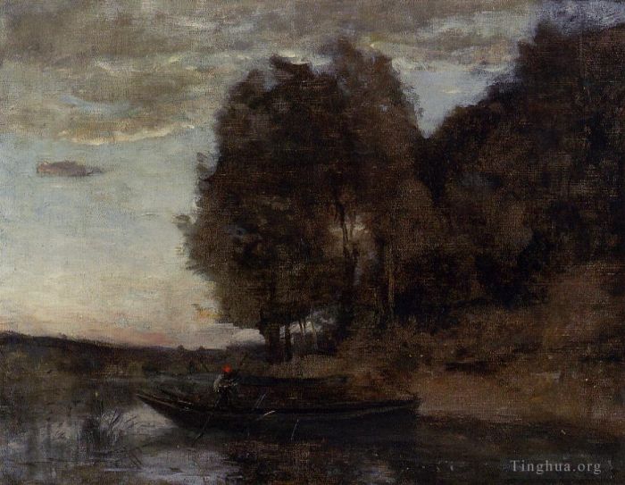 Jean-Baptiste-Camille Corot Ölgemälde - Fischerbootfahren entlang einer bewaldeten Landschaft