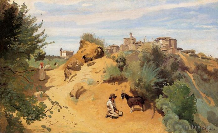 Jean-Baptiste-Camille Corot Ölgemälde - Genzano Ziegenhirt und Dorf