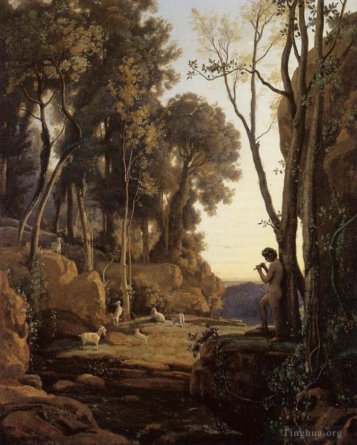 Jean-Baptiste-Camille Corot Ölgemälde - Landschaft untergehende Sonne, auch bekannt als der kleine Hirte