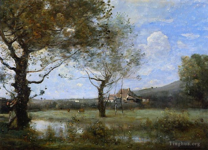 Jean-Baptiste-Camille Corot Ölgemälde - Wiese mit zwei großen Bäumen