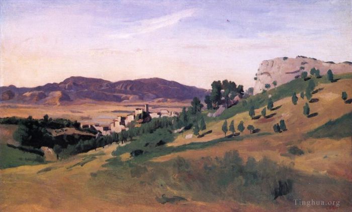 Jean-Baptiste-Camille Corot Ölgemälde - Olevano, die Stadt und die Felsen