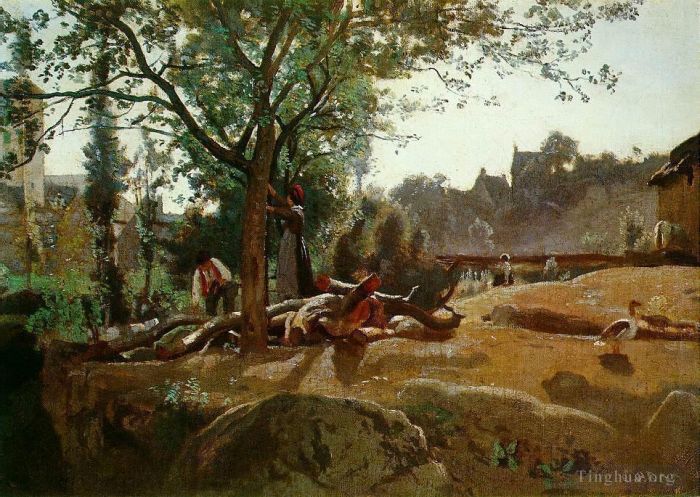 Jean-Baptiste-Camille Corot Ölgemälde - Bauern unter den Bäumen im Dawn Morvan