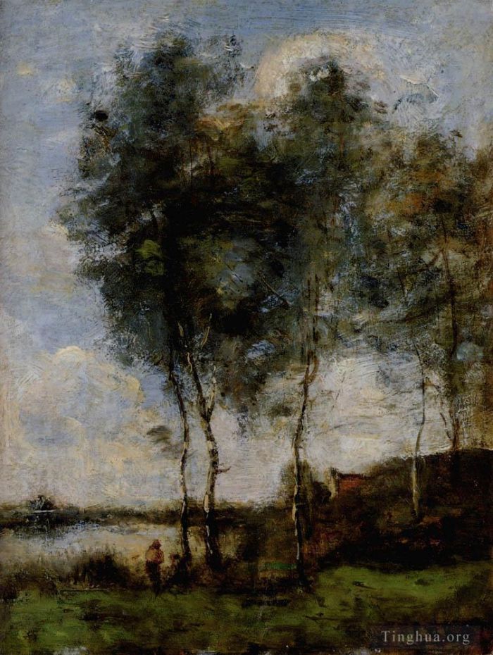 Jean-Baptiste-Camille Corot Ölgemälde - Pecheur Au Bord De La Riviere