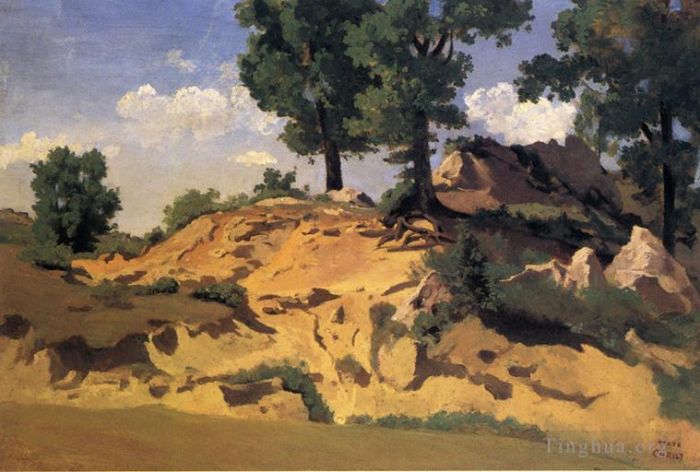 Jean-Baptiste-Camille Corot Ölgemälde - Bäume und Felsen in La Serpentara