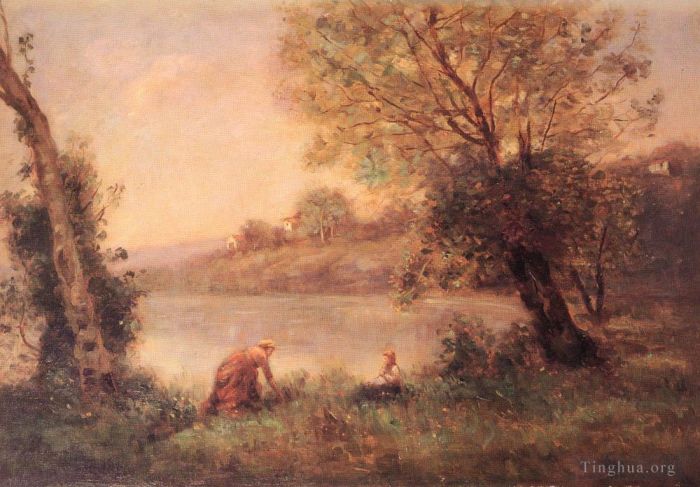 Jean-Baptiste-Camille Corot Ölgemälde - VILLEDAVARYPAYSANNE UND SEIN ENFANT ENTRE DOUX ARBRES AU BORD DE