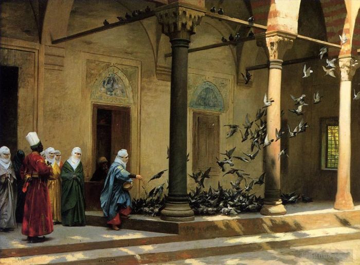 Jean-Leon Gerome Ölgemälde - Haremsfrauen füttern Tauben in einem Innenhof